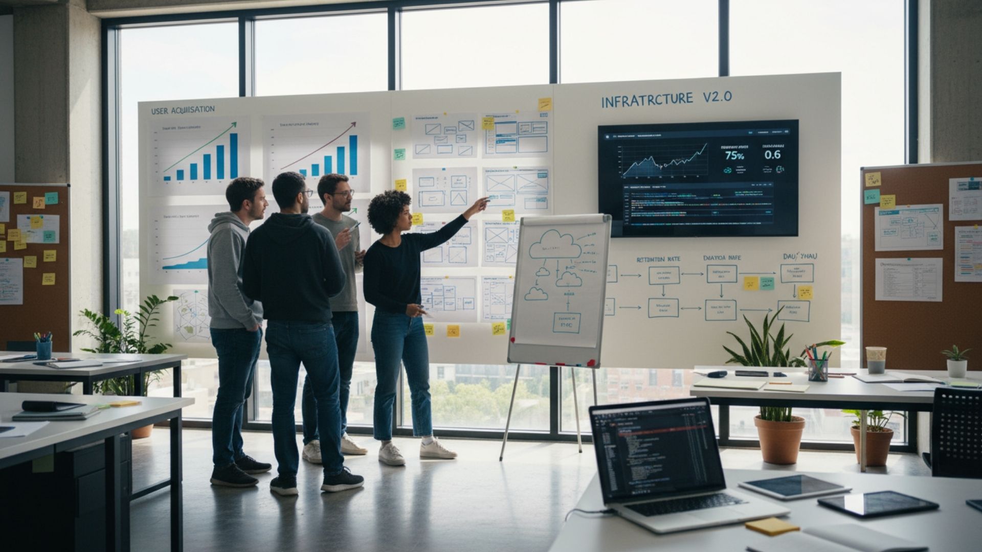 Startup team analyzing growth metrics with user growth charts and technical architecture diagrams on the wall