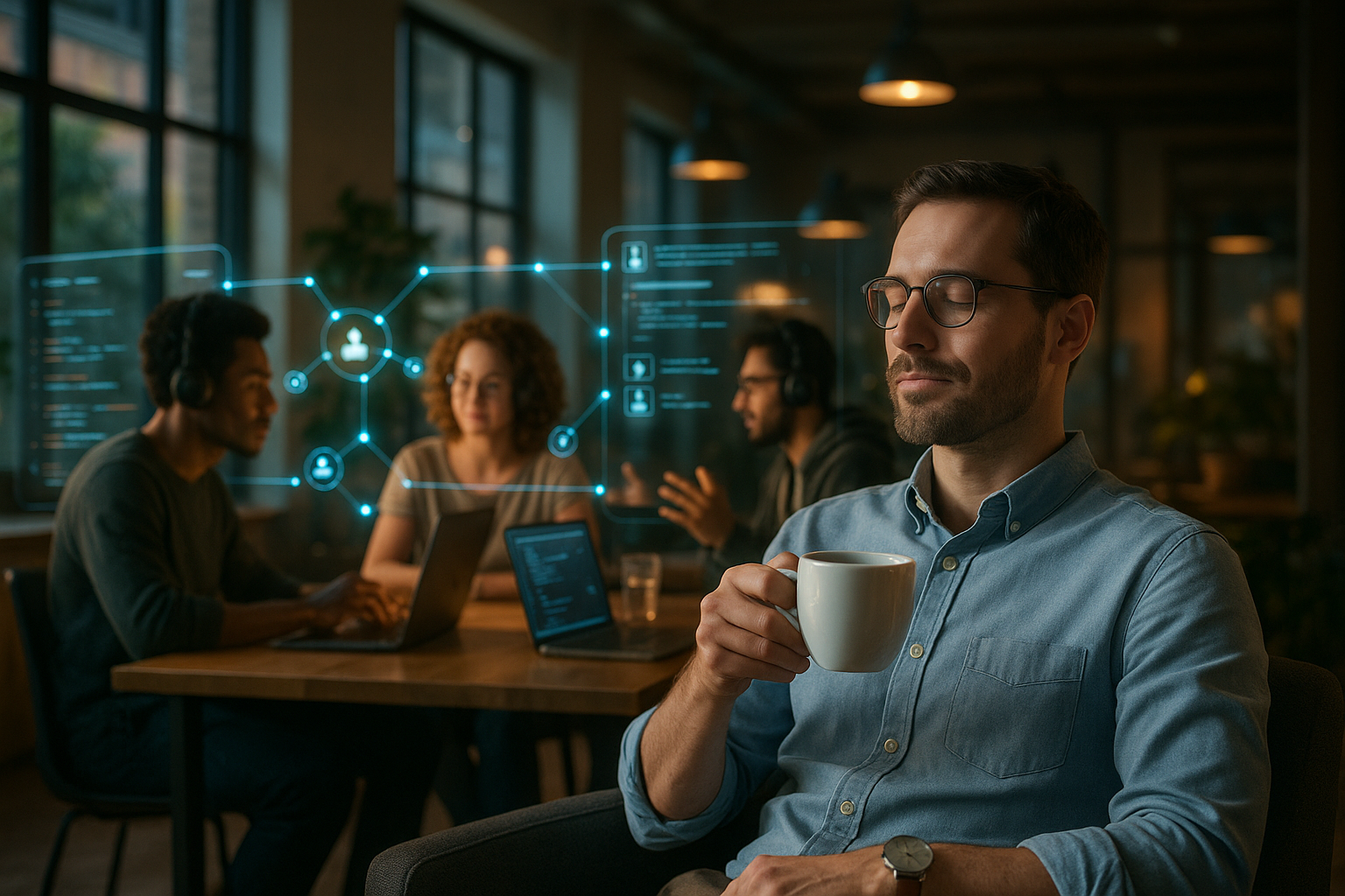 A relaxed product manager working with a remote software development team