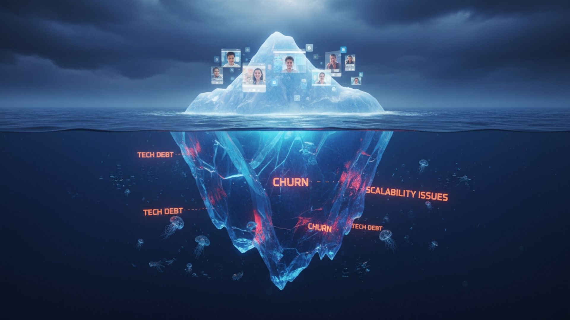 SaaS startup founders in strategic planning meeting with customer acquisition charts and product roadmap on wall